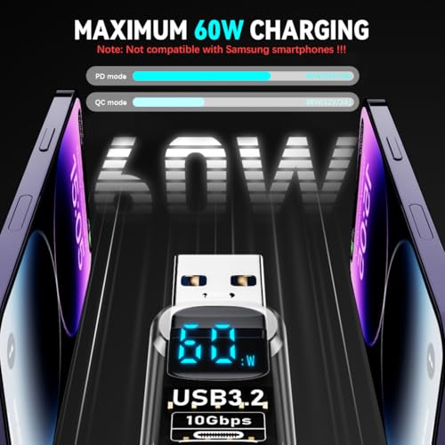 ZORBES® USB 3.2 Type C Female to Male OTG Adapter with LED Display PD60W Fast Charging 10Gbps High-Speed Data Transfer for iPhone 16 Pro Max 15 Series iPad Air 2 PCS ZORBES® USB 3.2 Type C Female to Male OTG Adapter with LED Display PD60W Fast Charging 10Gbps High-Speed Data Transfer for iPhone 16 Pro Max 15 Series iPad Air 2 PCS